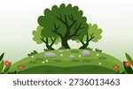beautiful oak tree standing tall on green mound with rocks and flowers