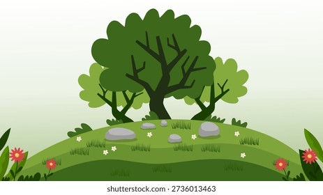 beautiful oak tree standing tall on green mound with rocks and flowers