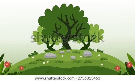 beautiful oak tree standing tall on green mound with rocks and flowers