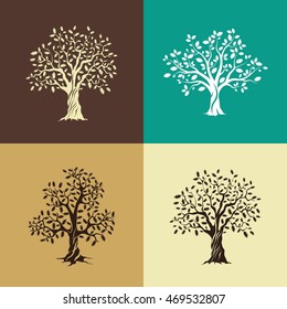 Beautiful oak trees silhouette set isolated on color background. Modern vector web design sign. Premium quality illustration logo design concept.