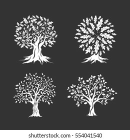 Beautiful oak trees silhouette set isolated on dark background. Web infographic modern vector sign. Premium quality illustration logo design concept.