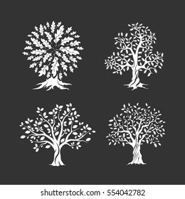 Beautiful oak trees silhouette set isolated on dark background. Web infographic modern vector sign. Premium quality illustration logo design concept.