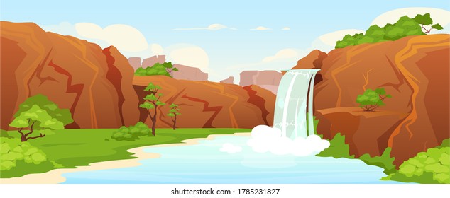 Beautiful oasis flat color vector illustration. Natural waterfall, park 2D cartoon landscape with greenery on background. Picturesque garden, nature reserve. Idyllic recreation place, vacation spot