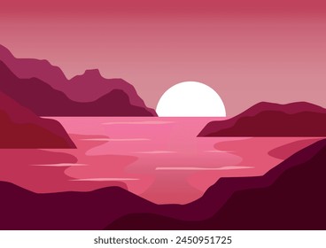 Beautiful ocean and coral at sunset. Vector illustration in flat style.