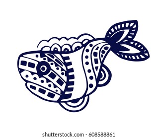 Beautiful ocean fish with ornaments on a white background. A line drawn sketch