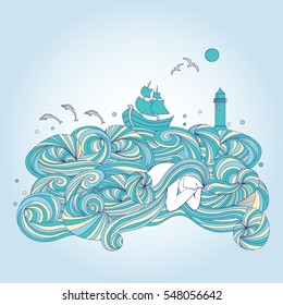 Beautiful ocean goddess dreaming. Vector illustration.