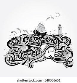 Beautiful ocean goddess dreaming. Vector illustration.