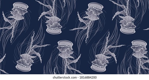 Beautiful ocean jellyfish vector seamless pattern. Sea life ornament for fabric, textile. 