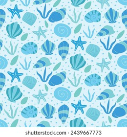 Beautiful ocean seashells, starfish and water plants seamless pattern in blue, aqua and turquoise. For summer print, swimwear and wallpaper. 