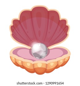 Beautiful ocean shell with a brilliant pearl. Jewelry. Cartoon style. Vector, illustration, template, isolated, white background.