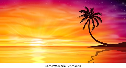 A Beautiful Ocean Sunset, Sunrise with Palm Tree. - Vector EPS 10