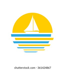 Beautiful ocean sunset and yacht icon, logo element
