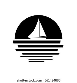 Beautiful ocean sunset and yacht icon, logo element
