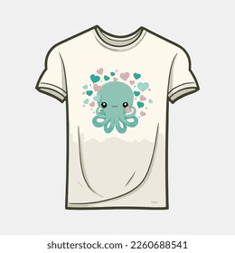 Beautiful Octopus cartoon with love hearts, t shirt template for valentine's day