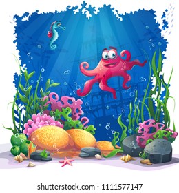 Beautiful octopus, coral and colorful reefs and algae on sand. Vector illustration of sea landscape.