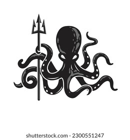 Schöner Tintenfisch, der ein trident-stilisiertes Bild von Octopus isolierter Logo-Vorlage hält