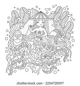 Beautiful octopus mermaid wearing asian hat. Japanese sea creature fish girl. Statue with skull. Ocean underwater nature. Coloring page for kids and adults. Cartoon vector illustration. Isolated