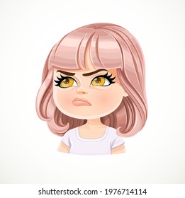 Beautiful offended cartoon girl with powdery pink bob haircut with bangs portrait isolated on white background