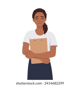 Beautiful office woman holding clipboard with smile. Flat vector illustration isolated on white background