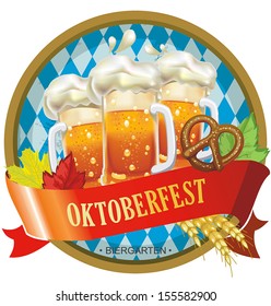 Beautiful Oktoberfest label with beer and pretzel. Vector illustration