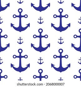 Hermosos anclas azules de barco aisladas en fondo blanco. Patrón marino sin soldadura monocromo. Ilustración gráfica plana vectorial simple. Textura.