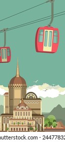 beautiful old building with a tower in the distance mountain landscape  cable car