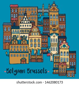 The beautiful old city of Brussels. Vector illustration, beautiful European city. cartoon houses, street. Cartoon architecture of a European city. Cute houses on the street. Hand-drawn houses. 