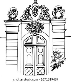 Beautiful old door . Vector black-and-white line graphics. Isolated on a white background. Coloring book for children and adults