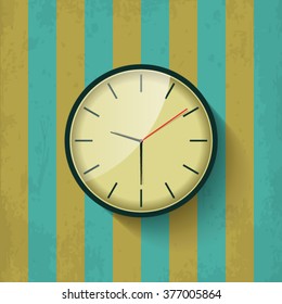 Beautiful old mechanical wall clock show time on brown and green vintage texture background. Premium quality retro flat style isolated illustration design concept.