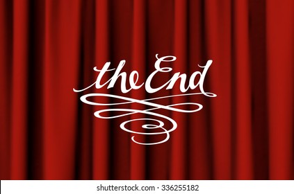 Beautiful Old movie styled isolated  white text "The End" on the dark red curtain background. Vector Illustration EPS10