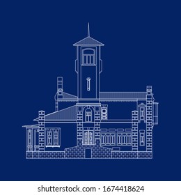 Beautiful old palace vector illustration. Main facade. Vintage blueprint.
