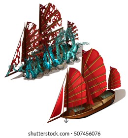 Beautiful old sailboat with red sails isolated on a white background. Ship after shipwreck is overgrown with polyps and corals on the seabed. Vector illustration.