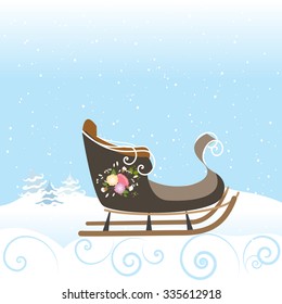 Beautiful old sleigh with a bouquet of flowers background of snow and snowflakes