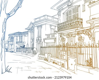 Beautiful Old street in hand drawn sketch style. Nice, Provence, France. Vector illustration. Line Art. Nice European city. Colorful urban landscape on white background. Without people.