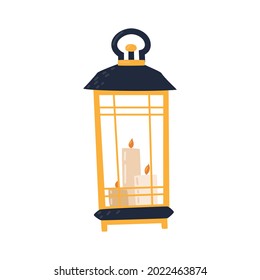 Beautiful old street lamp with candles. Classic portable candlestick. Autumn yard decor for Thanksgiving, Halloween, harvest day. Festive lighting for the house. Cozy cute flat doodle illustration.