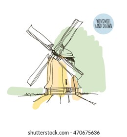 Beautiful old windmill, hand drawn sketch vector illustration, background. Design for bakery label in vintage style.