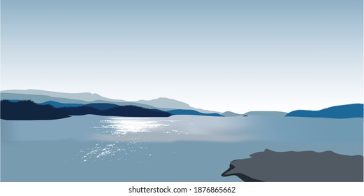 Beautiful on the theme of the morning landscape, sunrise in the mountains, mixed forest. Panoramic view, vector illustration.