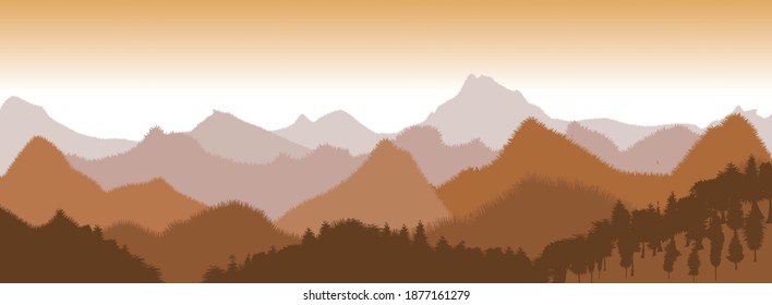 Beautiful on the theme of the morning landscape, sunrise in the mountains, mixed forest. Panoramic view, vector illustration.