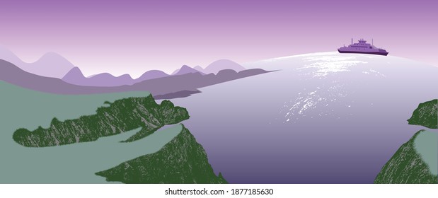 Beautiful on the theme of the morning landscape, Forest and lake illustration with mountain, vector illustration.