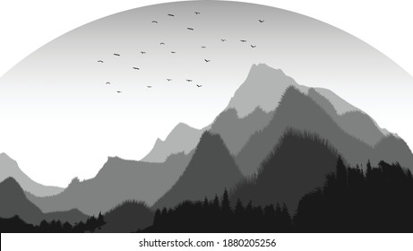 Beautiful on the theme of the morning landscape, Forest and lake illustration with mountain, vector illustration.