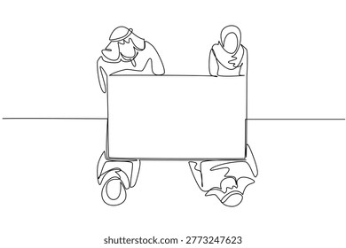 Beautiful one line drawing of Arabian businessmen and Muslim businesswomen holding a blank board from a top view. This global diversity concept works perfectly for an international event banner.