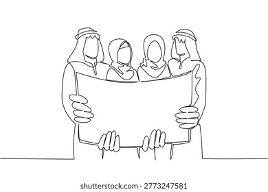 Beautiful one line drawing of two Arab businessmen and two Muslim businesswomen holding a large blank paper map. Diversity teamwork concept works perfectly for an international community event flyer.