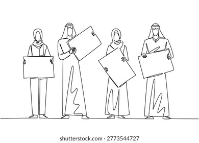 Beautiful one line drawing of two Arabian businessmen and two Muslim businesswomen holding individual blank boards. This global diversity concept works perfectly for an international event flyer.