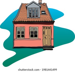 A beautiful one-time house with an orange roof. Vector illustration with the ability to edit. A house on an abstract blue-green background.