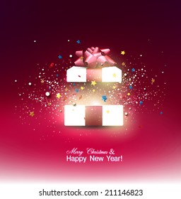 Beautiful open Christmas gift with red bow and place for text. Vector