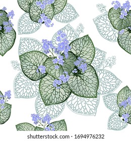 Beautiful openwork Brunnera leaves and its charming blue flowers. Summer light background with bright decorative flowers and leaves. Textile composition, template for the design of print, fabric, wall