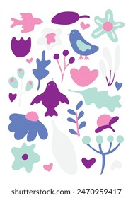 Beautiful openwork flowers of various types and shapes on a white background. Hand-drawn. All objects are separated. Vector illustration.