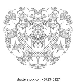 Beautiful openwork heart. Beautiful background for greeting cards, wedding and invitation. Decorating for the holiday Valentine's Day. Zentangle coloring book page