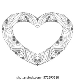 Beautiful openwork heart. Beautiful background for greeting cards, wedding and invitation. Decorating frame for the holiday Valentine's Day. Zentangle coloring book page