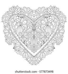 Beautiful openwork heart with doodle flowers. Beautiful background for greeting cards, wedding and invitation. Decorating frame for the holiday Valentine's Day. Zen tangle coloring book page